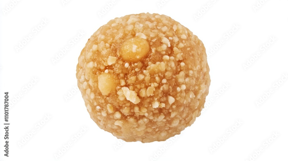 Close-up of a single Laddu, showing fine details of ingredients Close-up of a single Laddu, showing fine details of ingredients
