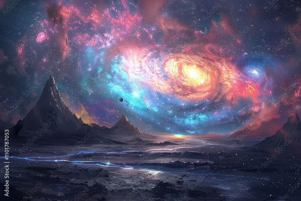 Fototapeta premium Breathtaking cosmic landscape with vibrant nebula and distant galaxies.