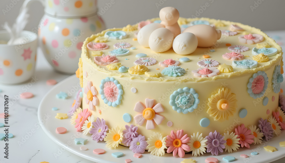 Close-up of a beautifully decorated Easter cake with intricate patterns of pastel icing.
Close-up of a beautifully decorated Easter cake with intricate patterns of pastel icing.