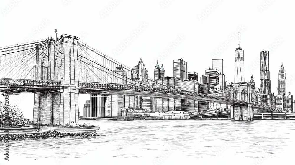 Brooklyn Bridge and New York City Skyline Drawing Brooklyn Bridge and New York City Skyline Drawing