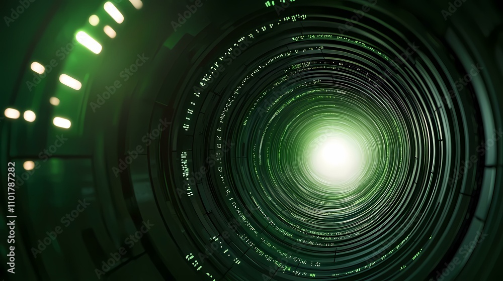 The image shows a swirling, futuristic tunnel with dark green metallic rings and bright green data streams spiraling towards a bright white light at the end. The image shows a swirling, futuristic tunnel with dark green metallic rings and bright green data streams spiraling towards a bright white light at the end.