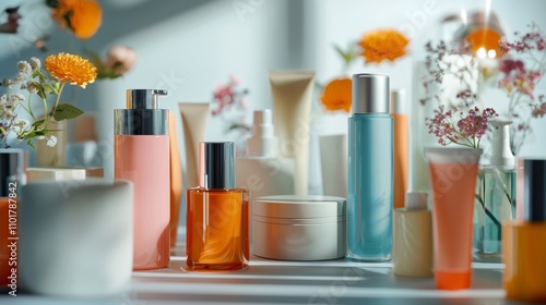 Cosmetic products and flowers on white background