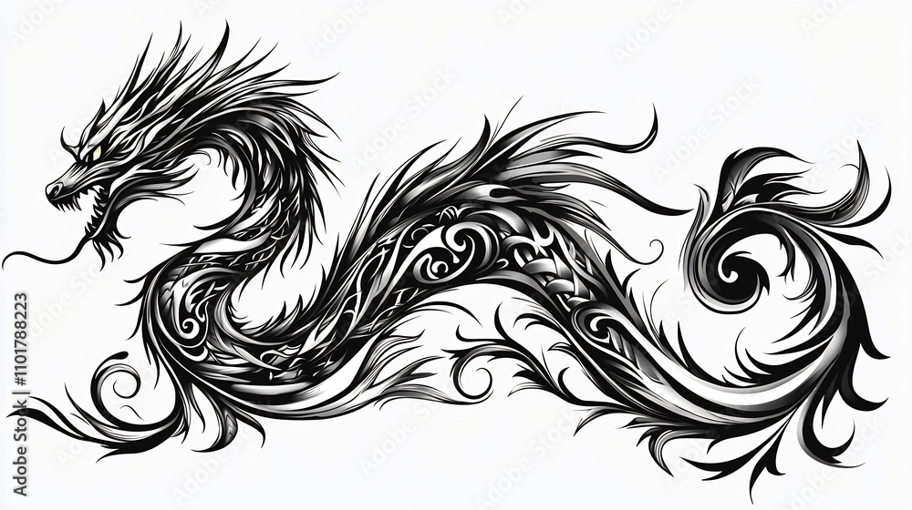 Fototapeta premium Intense Tribal Dragon Tattoo Design with Coiling Scales and Flame like Details