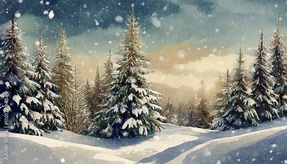 Serene winter landscape featuring snow-covered fir trees under a soft vintage aesthetic, perfect for a nostalgic Christmas wallpaper or seasonal decor inspiration, inviting warmth and Serene winter landscape featuring snow-covered fir trees under a soft vintage aesthetic, perfect for a nostalgic Christmas wallpaper or seasonal decor inspiration, inviting warmth and