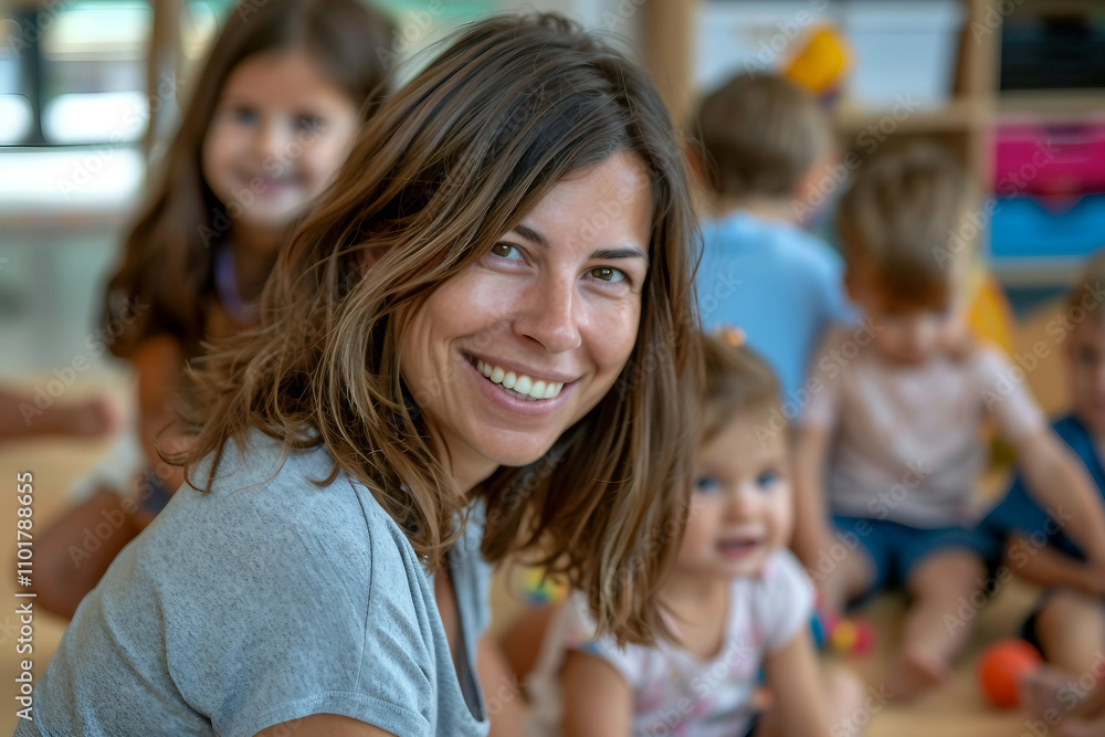 Generative AI Teacher Smiling in Kindergarten Classroom with Children Generative AI Teacher Smiling in Kindergarten Classroom with Children