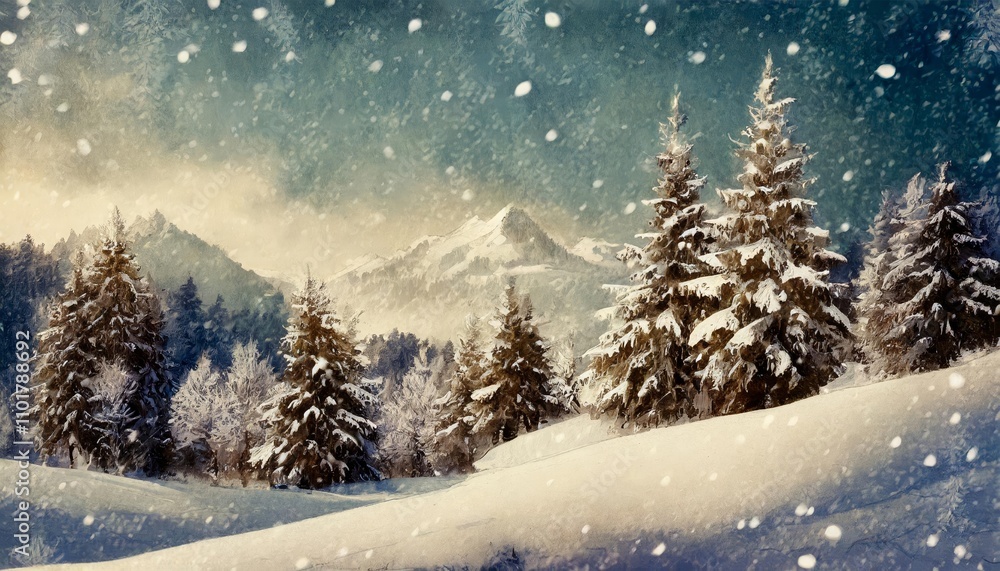 Serene Winter Landscape with Snow-Covered Fir Trees, Vintage-Style Christmas Wallpaper Evoking Nostalgia and Festive Charm, Perfect for Holiday-Themed Decor and Seasonal Celebrations Serene Winter Landscape with Snow-Covered Fir Trees, Vintage-Style Christmas Wallpaper Evoking Nostalgia and Festive Charm, Perfect for Holiday-Themed Decor and Seasonal Celebrations
