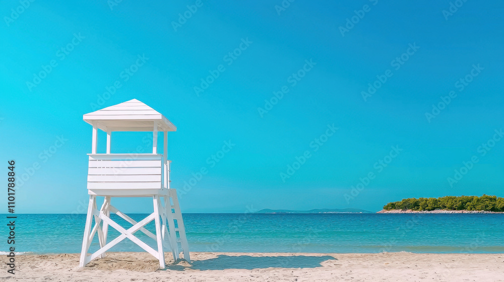 lifeguard tower stands by serene sea, painted white against clear blue sky, evoking sense of calm and safety lifeguard tower stands by serene sea, painted white against clear blue sky, evoking sense of calm and safety
