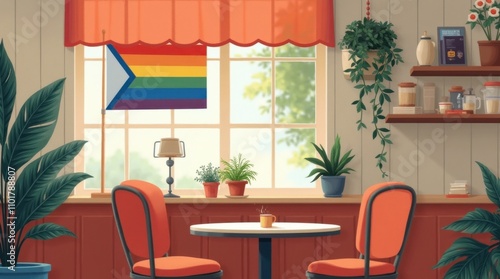 Cozy Cafe with Pride Flag in Window