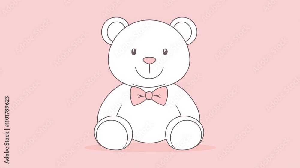 A clean line drawing of teddy bear with a bowtie on a soft pink background, symbolizing comfort and companionship in early childhood. clean line drawing. A clean line drawing of teddy bear with a bowtie on a soft pink background, symbolizing comfort and companionship in early childhood. clean line drawing.
