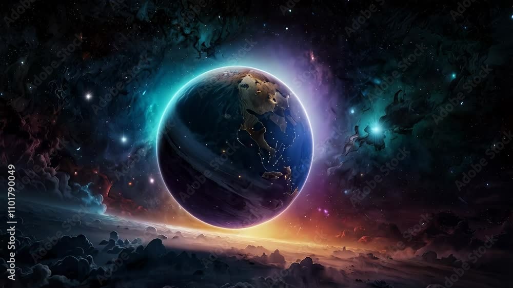 Planet earth is rising above an alien landscape, surrounded by a colorful nebula and stars, creating a breathtaking cosmic scene Planet earth is rising above an alien landscape, surrounded by a colorful nebula and stars, creating a breathtaking cosmic scene