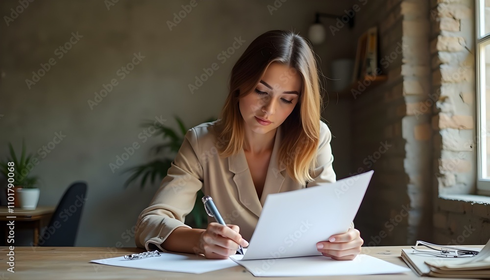 Mujer emprendedora firmando un papel en negocio familiar Mujer emprendedora firmando un papel en negocio familiar