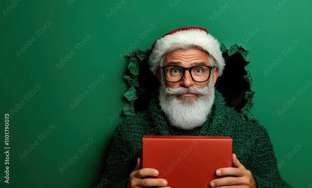 Naklejka premium Man Santa Claus red box, green paper background. Christmas shopping, sale, discount, banner, poster