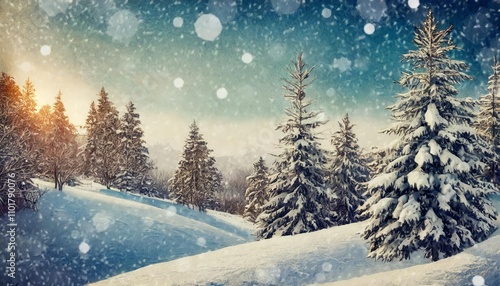 Timeless winter landscape with serene snow-covered fir trees, perfect as a vintage Christmas wallpaper, evoking holiday nostalgia and capturing the magic of snowy winter scenes with classic