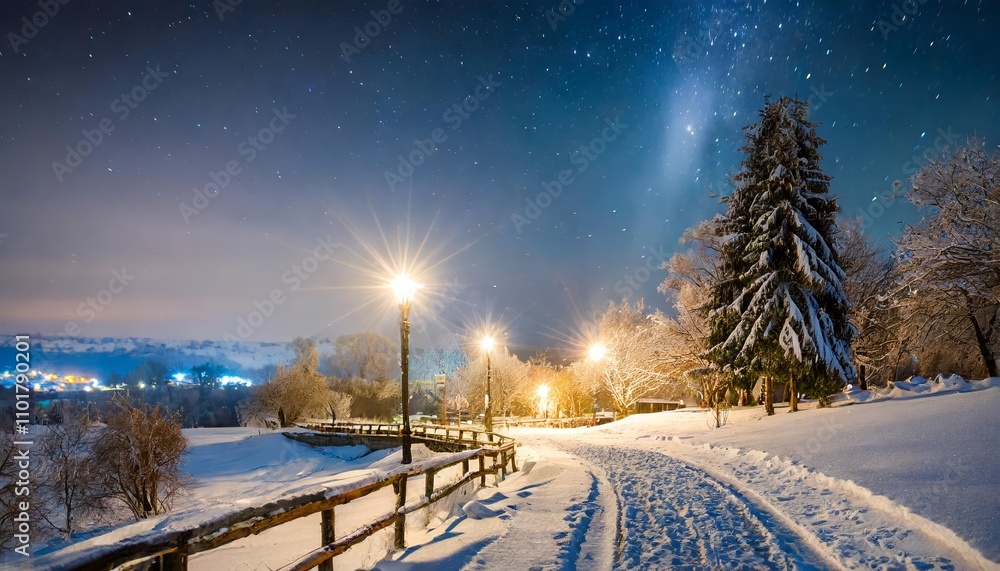 Enchanted Winter Night Landscape Under the Stars: A Serene Snow-Covered Forest Illuminated by Moonlight, Highlighting Tranquil Frosty Beauty and a Magical Atmosphere of Silence and Wonder Enchanted Winter Night Landscape Under the Stars: A Serene Snow-Covered Forest Illuminated by Moonlight, Highlighting Tranquil Frosty Beauty and a Magical Atmosphere of Silence and Wonder
