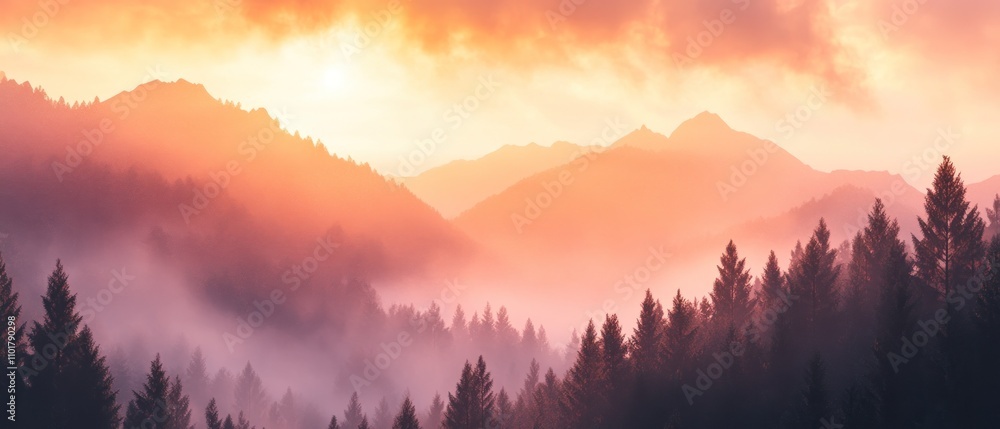Majestic Sunrise Over Foggy Mountain Forest Landscape Majestic Sunrise Over Foggy Mountain Forest Landscape