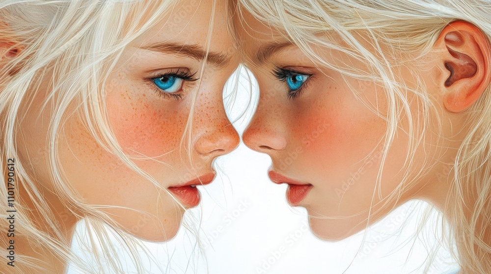 Two young women with striking blue eyes face each other closely, revealing their delicate features and soft expressions, This image embodies beauty and connection