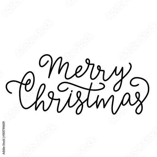 Merry Christmas Lettering, black letters on white background. Monoline hand written calligraphy style. For poster, banner, card  for winter holidays.