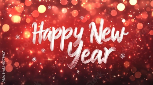 Festive Нарру New Year banner with on red blurred background with snowflakes and bokeh garland lights