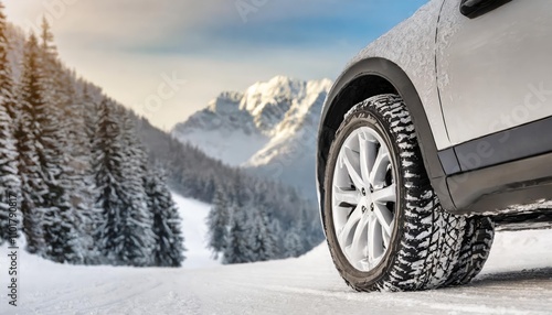 Durable Winter Tire for SUVs on Snowy Road - Close-Up View Highlighting Tread Pattern, Traction, and Safety on Icy Highways with Space for Text in Winter Driving Conditions
