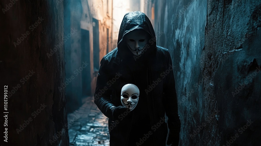A hooded man standing in a dimly lit alley, holding a white mask in his hand, shadows obscuring his face. A hooded man standing in a dimly lit alley, holding a white mask in his hand, shadows obscuring his face.
