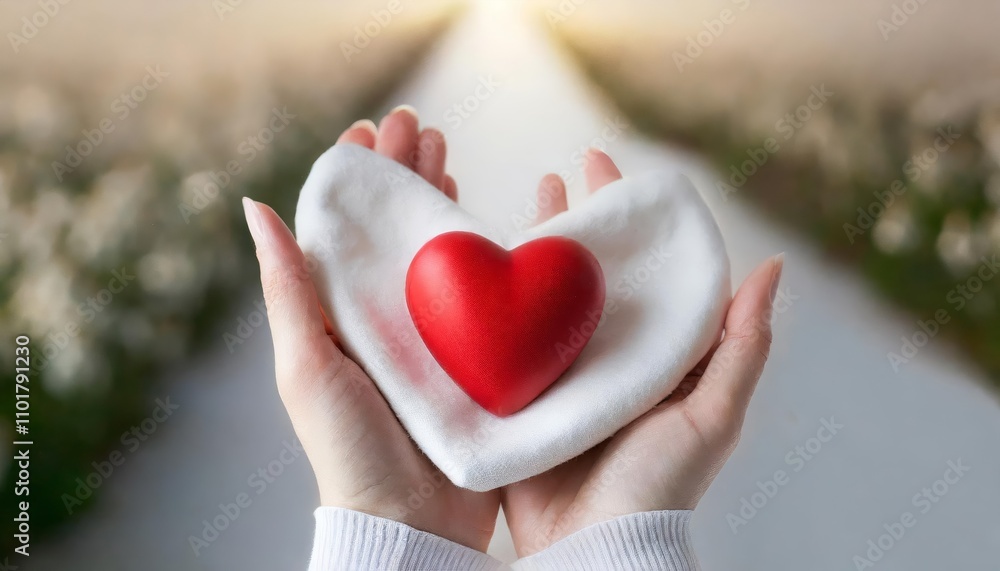 Warm Womans Hands Gently Cradling a Red Heart Symbolizing Happiness, Compassion, Health Care, Generosity, and Family Bonding Moments with a Focus on Love, Insurance, and Philanthropy Warm Womans Hands Gently Cradling a Red Heart Symbolizing Happiness, Compassion, Health Care, Generosity, and Family Bonding Moments with a Focus on Love, Insurance, and Philanthropy