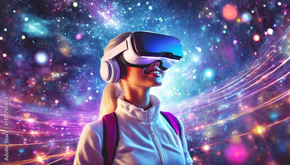 Immersive Digital Art Illustration of a Woman Wearing VR Glasses in a Futuristic Neon Space with Vibrant Colors, Sci-Fi Elements, and Futuristic Virtual Reality Ambiance Immersive Digital Art Illustration of a Woman Wearing VR Glasses in a Futuristic Neon Space with Vibrant Colors, Sci-Fi Elements, and Futuristic Virtual Reality Ambiance