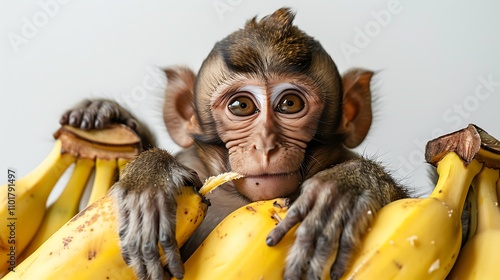 A mischievous monkey playing with a bunch of bananas, peeling them on a white background photo