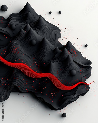 Enigmatic abstract charcoal and ebony mountain range with scattered crimson dots and sinuous red lines weaving a wave like motion across the rugged 3D digital terrain photo