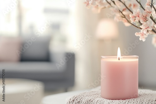 Mock up for candle label on bright living room backgrounds. ai generated photo