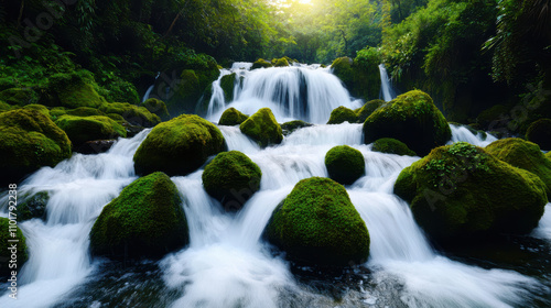 Lush waterfall cascading over moss covered rocks in serene forest