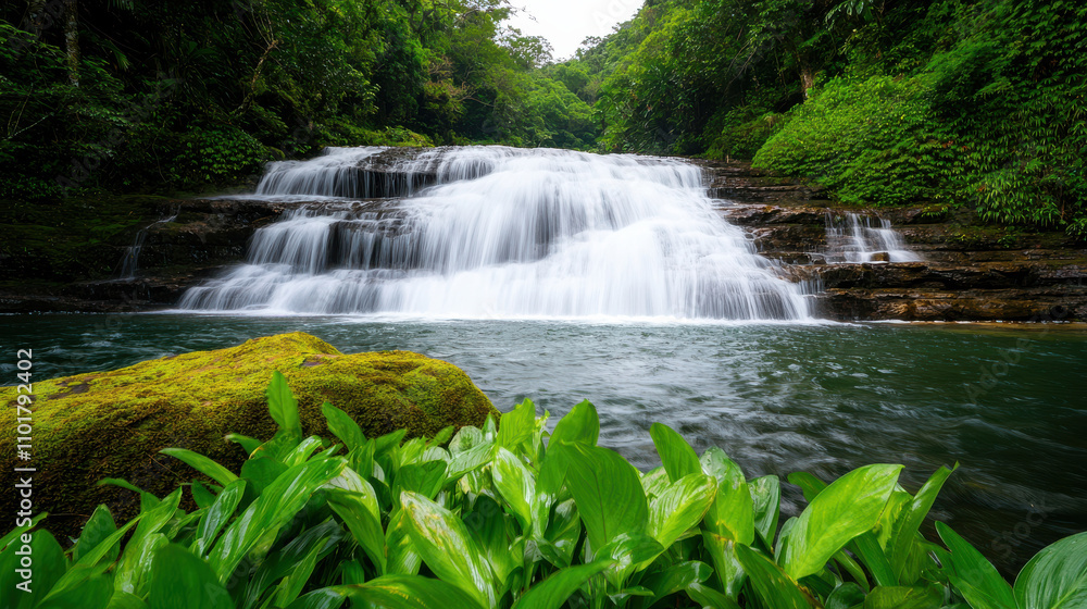 Fototapeta premium serene waterfall cascading over rocks in lush green forest