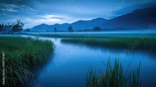 Tranquil Misty Landscape at Dawn with Serene Waters Reflecting Mountains and Lush Greenery, Perfect for Nature and Travel Photography