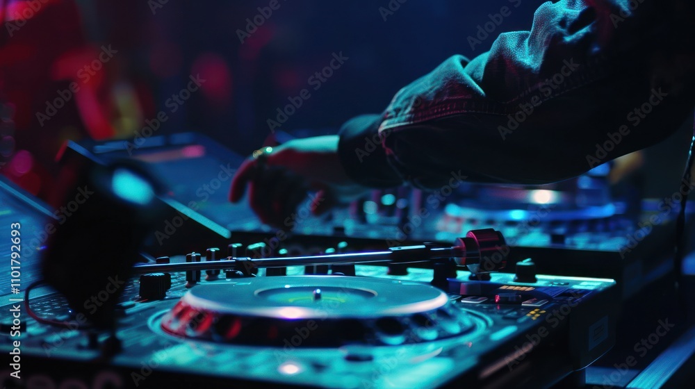 Naklejka premium DJ mixing music on a turntable in a nightclub