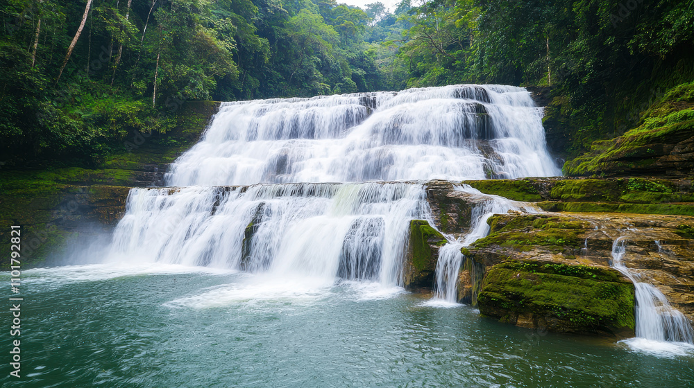 Majestic waterfall cascading over rocks in lush green forest Majestic waterfall cascading over rocks in lush green forest