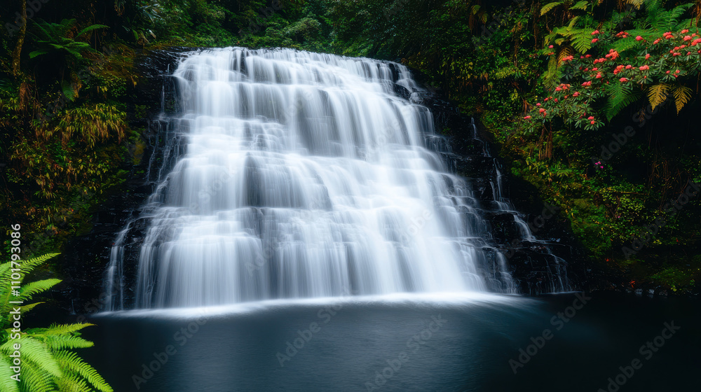 serene multi tiered waterfall surrounded by lush green forest serene multi tiered waterfall surrounded by lush green forest
