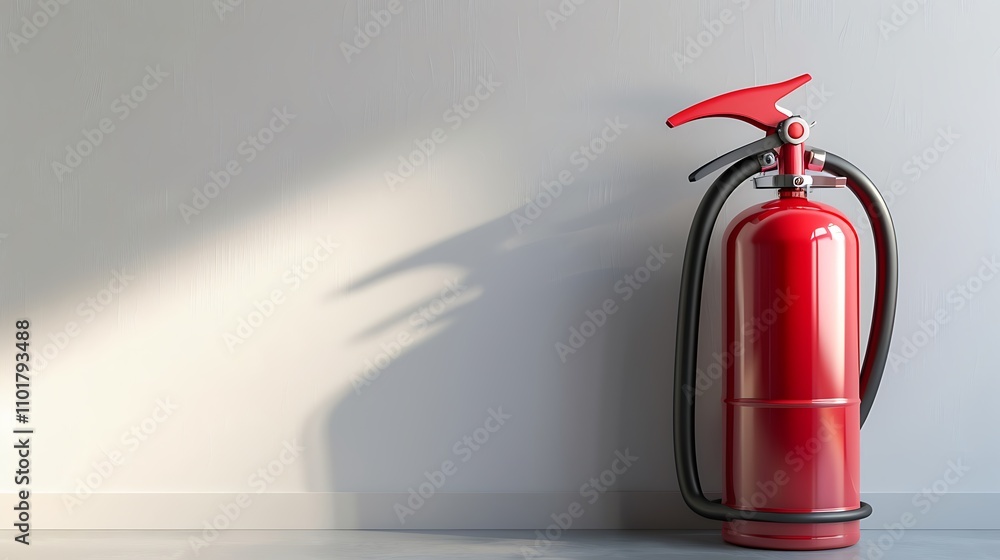 A red fire extinguisher positioned against a wall, ready for emergency use. A red fire extinguisher positioned against a wall, ready for emergency use.