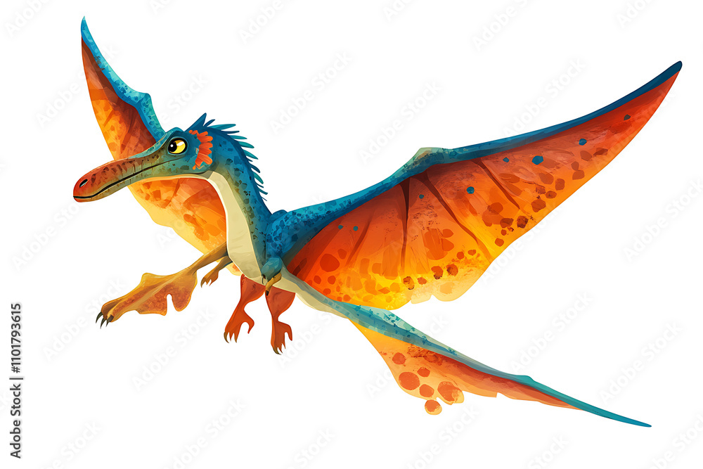 Fototapeta premium A colorful pterosaur illustration in flight, showcasing its vibrant wings and features.