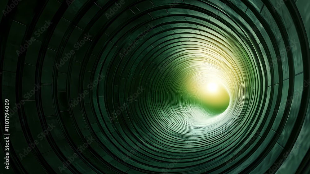 Obraz premium The image shows a dark green, spiraling tunnel leading to a bright light at its end.