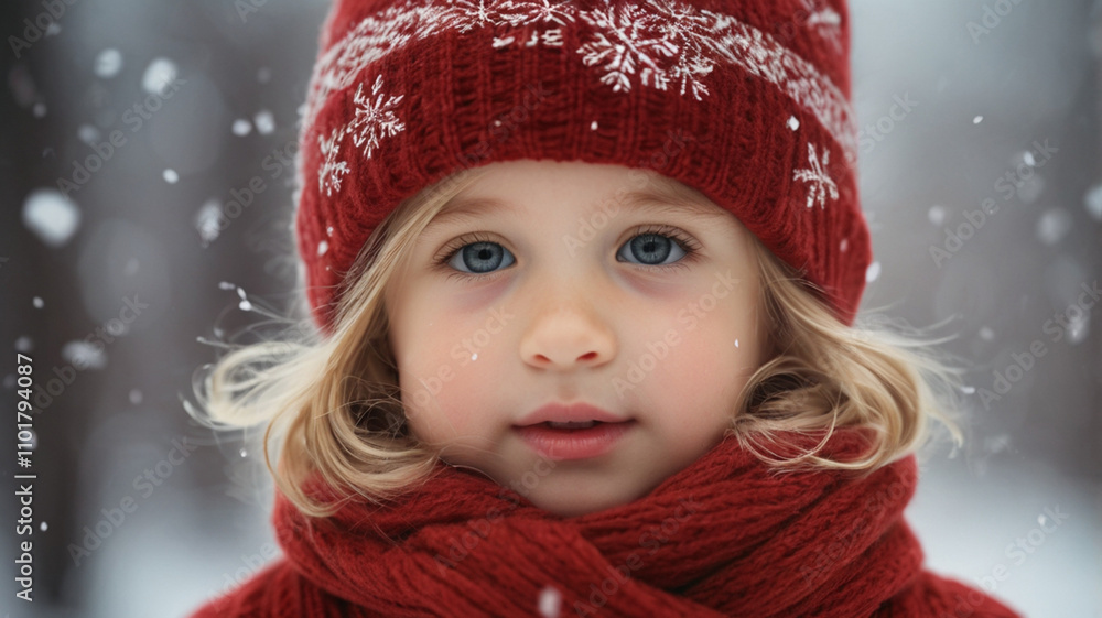 Portrait of cute little girl in woolen hat and wrapped in woolen scarf outside on the cold snowy winter day Portrait of cute little girl in woolen hat and wrapped in woolen scarf outside on the cold snowy winter day