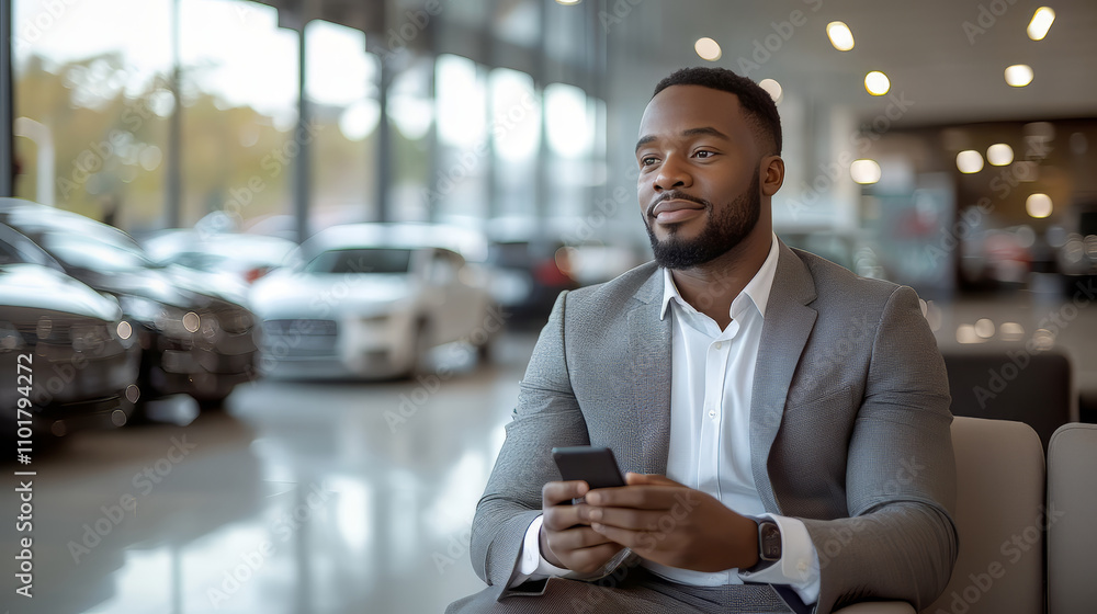 Smiling african american salesman using smartphone at car showroom. Professional sales person working in modern car dealership. Modern technology in auto dealership. Modern transportation. Smiling african american salesman using smartphone at car showroom. Professional sales person working in modern car dealership. Modern technology in auto dealership. Modern transportation.