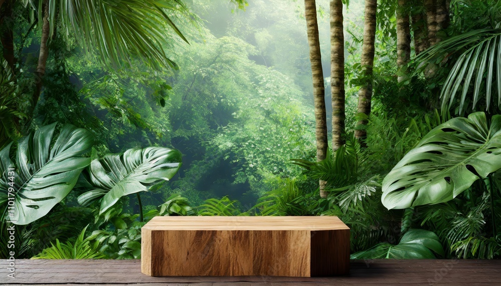 Natural Wooden Podium in a Lush Tropical Forest for Product Presentation with Vibrant Green Foliage Background – Perfect for Eco-Friendly, Organic, and Nature-Themed Marketing Visuals Natural Wooden Podium in a Lush Tropical Forest for Product Presentation with Vibrant Green Foliage Background – Perfect for Eco-Friendly, Organic, and Nature-Themed Marketing Visuals
