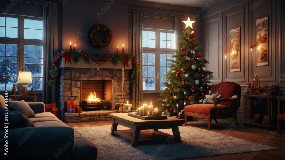 Cozy Christmas Living Room with Fireplace and Decorated Tree Cozy Christmas Living Room with Fireplace and Decorated Tree