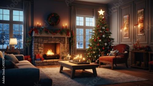 Cozy Christmas Living Room with Fireplace and Decorated Tree