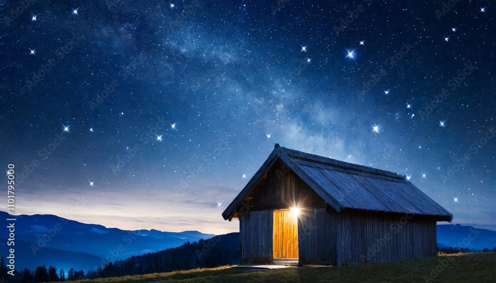 Rustic Wooden Stable Beneath a Majestic Dark Blue Starry Sky Depicting the Birth of Jesus Christ a Serene Nativity Scene Offering a Deep Spiritual and Symbolic Atmosphere with Copy Space Rustic Wooden Stable Beneath a Majestic Dark Blue Starry Sky Depicting the Birth of Jesus Christ a Serene Nativity Scene Offering a Deep Spiritual and Symbolic Atmosphere with Copy Space