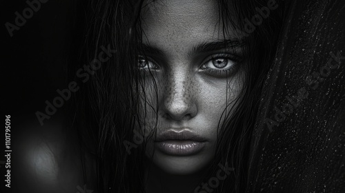 A striking black-and-white portrait of a young woman with intense eyes and wet hair, evoking a sense of mystery, This image can be used for beauty, fashion, or emotional storytelling projects,