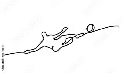 Continuous line drawing. Illustration shows a football player kicks the ball