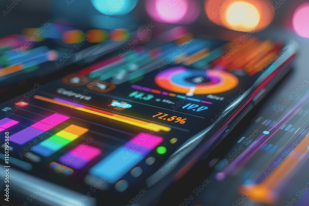 A smartphone displaying business analytics, bright colors, sharp focus, and modern technology. A smartphone displaying business analytics, bright colors, sharp focus, and modern technology.