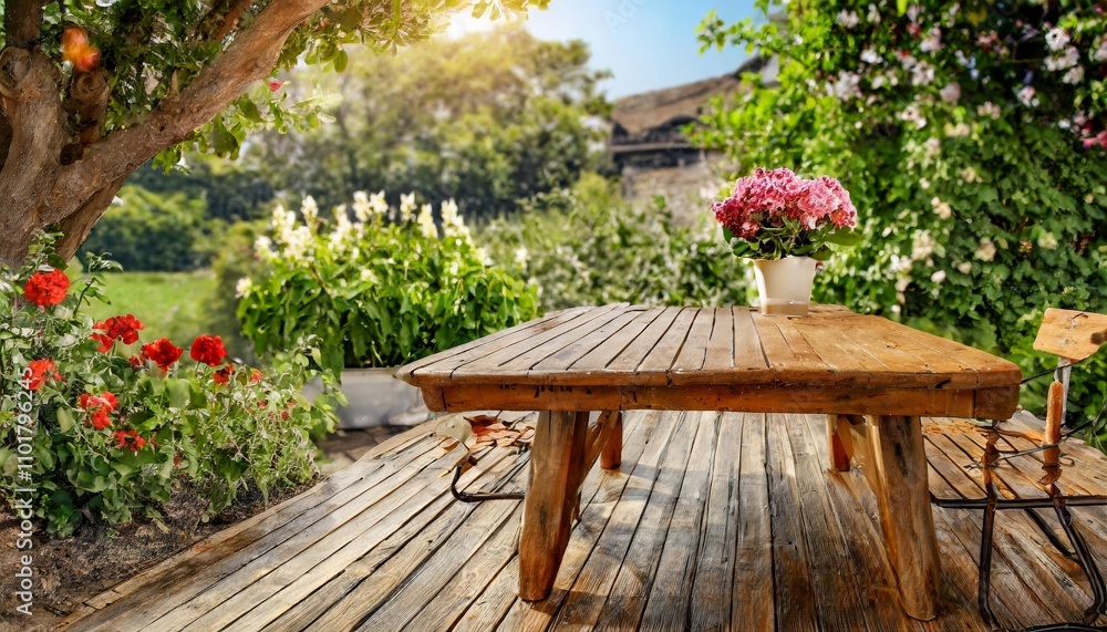 Beautiful wooden table set in a serene garden surrounded by lush greenery, perfect for outdoor dining, relaxation, or a cozy retreat, with natural charm and timeless aesthetics ( Beautiful wooden table set in a serene garden surrounded by lush greenery, perfect for outdoor dining, relaxation, or a cozy retreat, with natural charm and timeless aesthetics (
