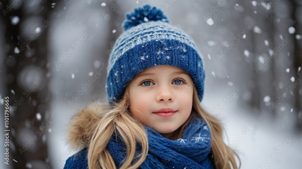Portrait of cute little girl in woolen hat and wrapped in woolen scarf outside on the cold snowy winter day Portrait of cute little girl in woolen hat and wrapped in woolen scarf outside on the cold snowy winter day