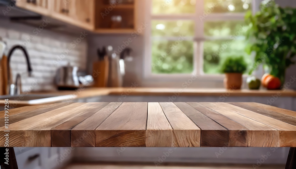 Empty wooden table on blurred kitchen bench background, ideal for product placement, culinary presentations, or showcasing recipes in a warm and inviting kitchen atmosphere. Empty wooden table on blurred kitchen bench background, ideal for product placement, culinary presentations, or showcasing recipes in a warm and inviting kitchen atmosphere.